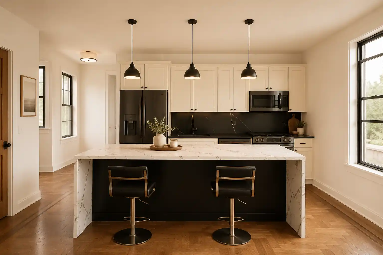 Bright remodeled living space with warm finishes and custom detailing